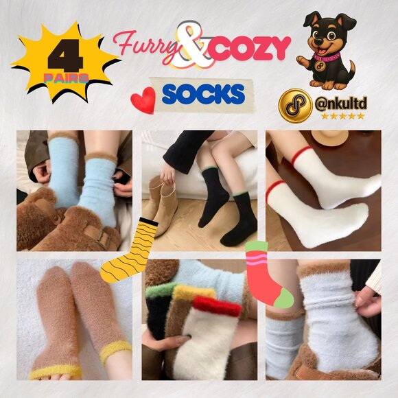 🆕️Cozy Colorblock Fuzzy Socks Set - 4 Pairs of Warm Fall & Winter Essentials 🧦 - Picture 1 of 13